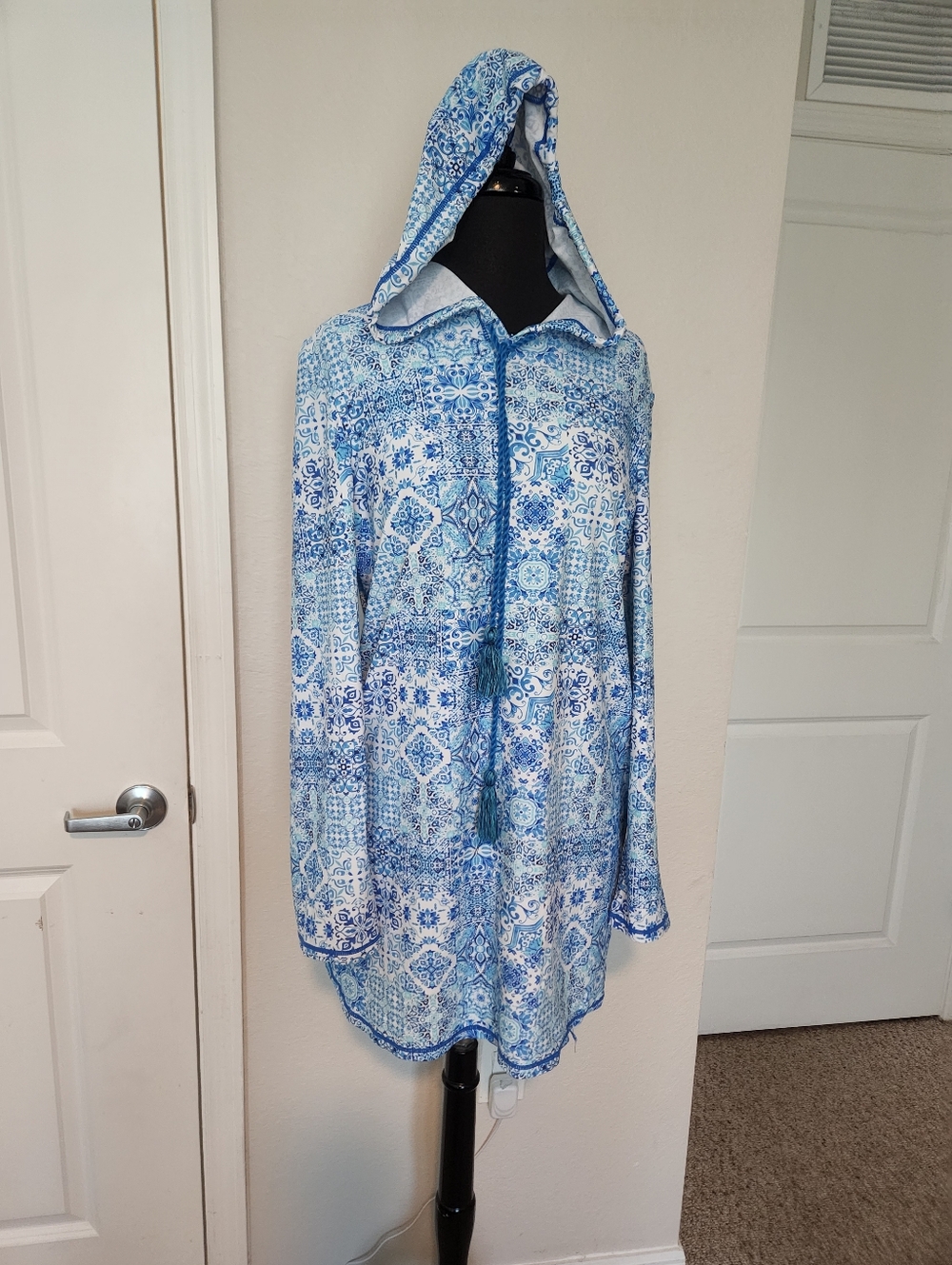 Blue Patterned Hooded Swim Coverup